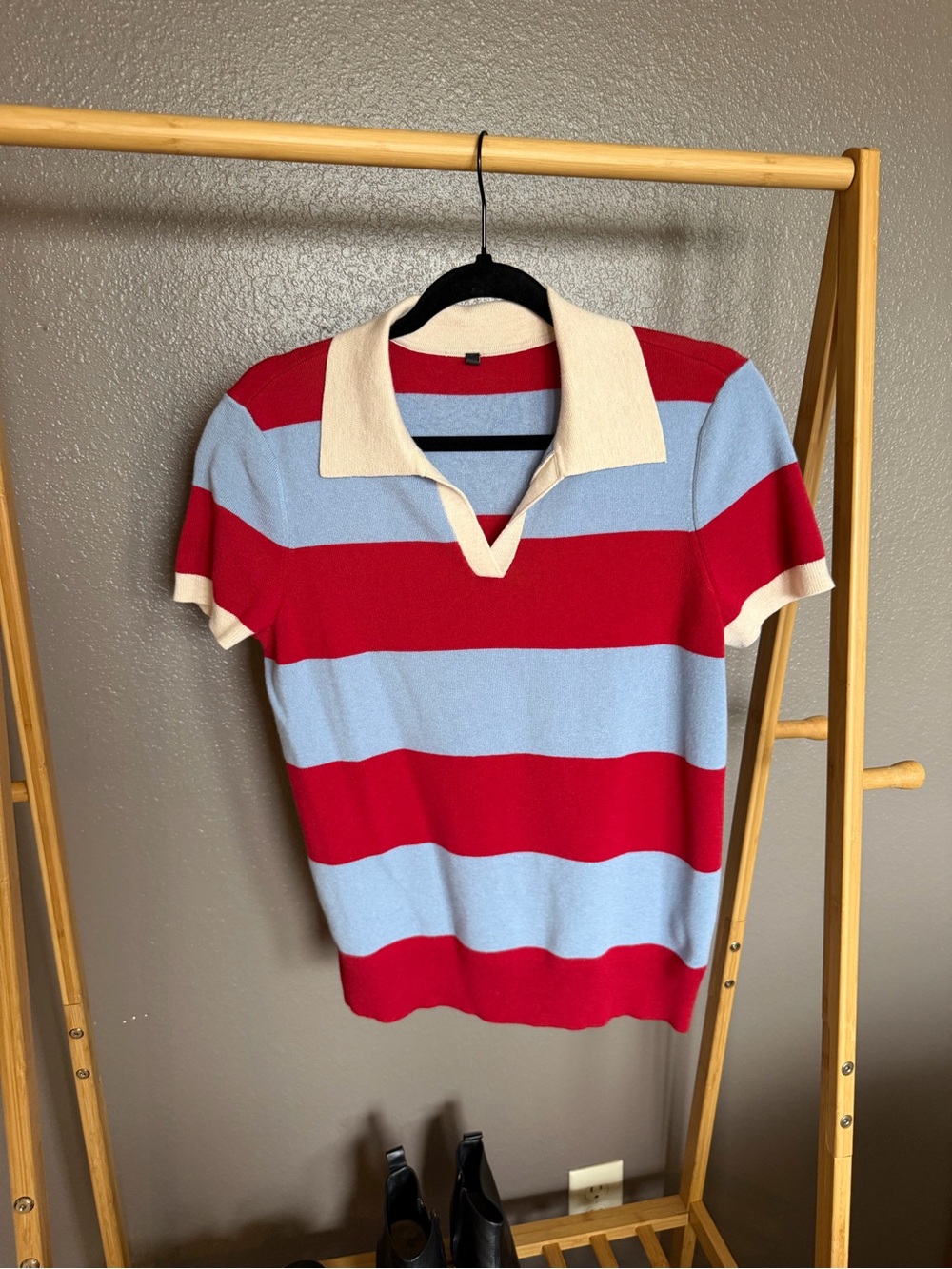 Striped Knit Polo Top in Red, Light Blue & Cream